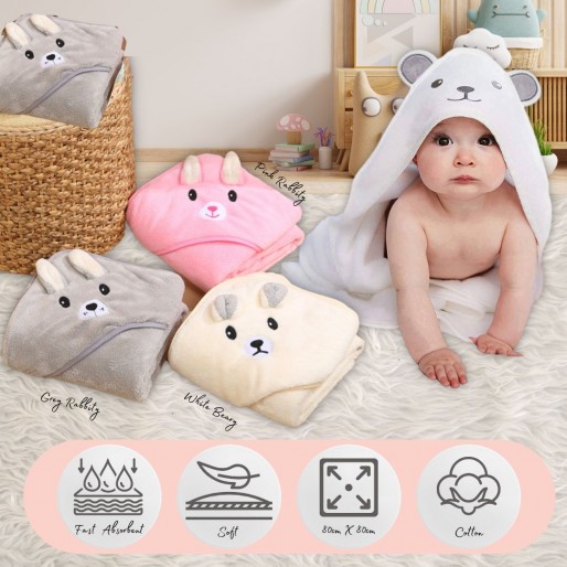 (Pink Rabbity) U:Baby Adorable Animal Buddy Soft Hooded Towel 